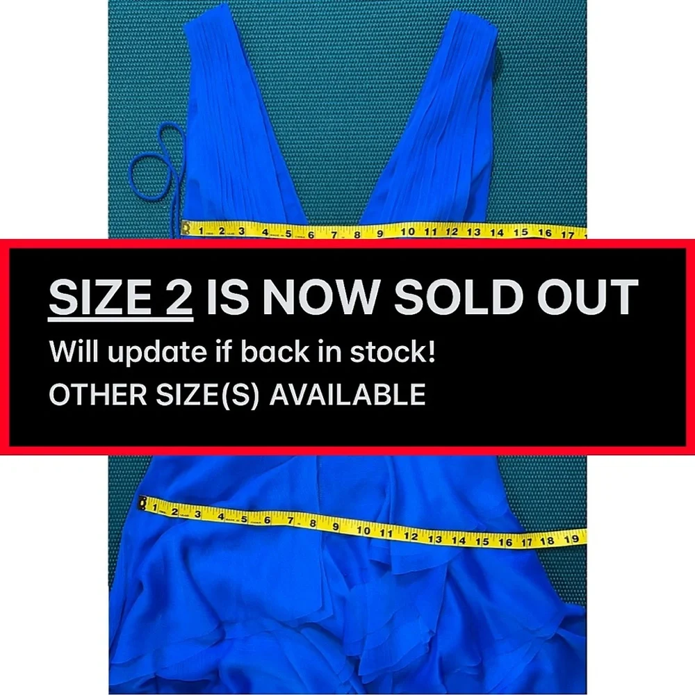 Alice + Olivia Holly Low Neck Asymmetric Ruffle Sapphire Blue Maxi Dress - Picture 9 of 12